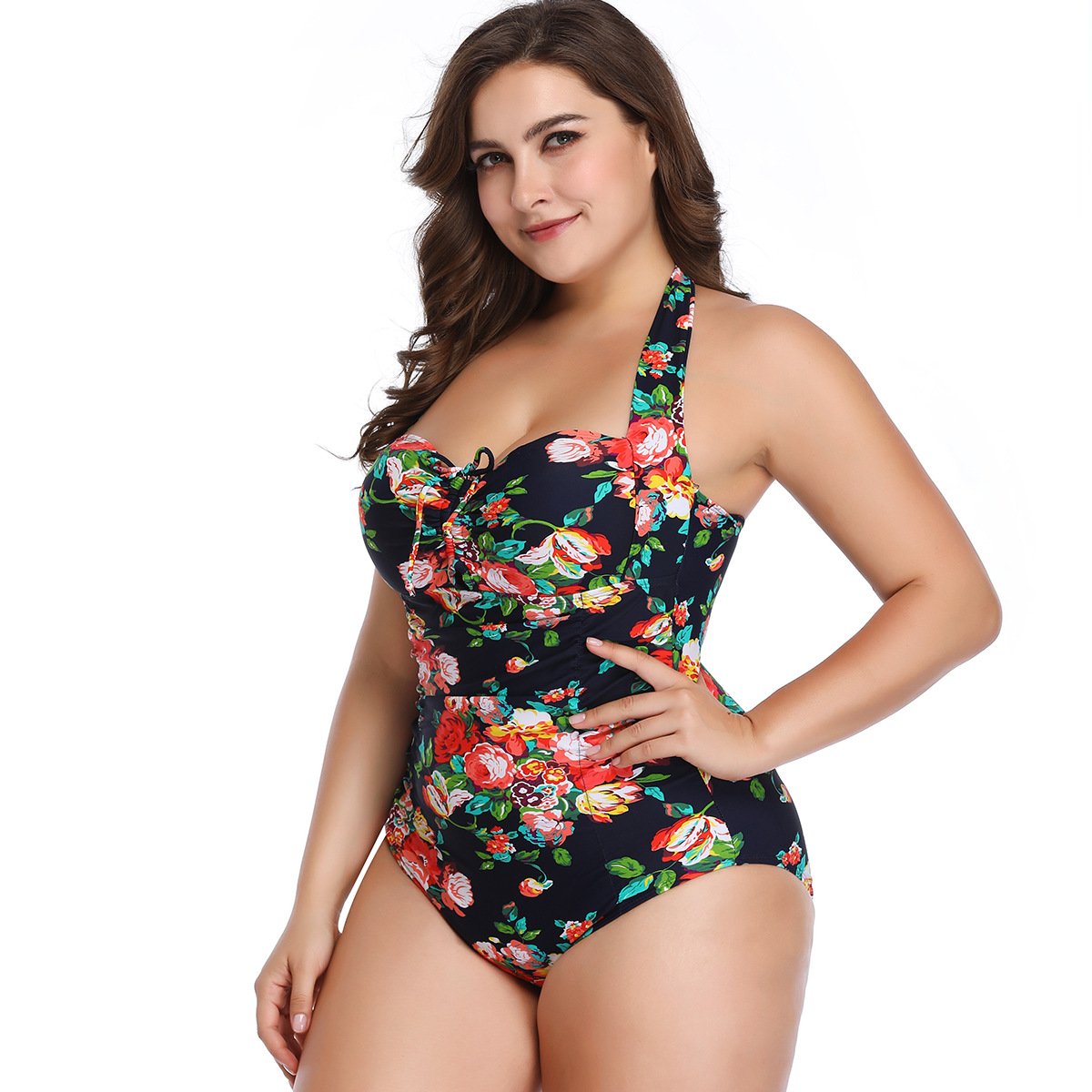 Sexy Women Plus Size Floral Print One Piece Swimwear-Black-XL-Free Shipping at meselling99