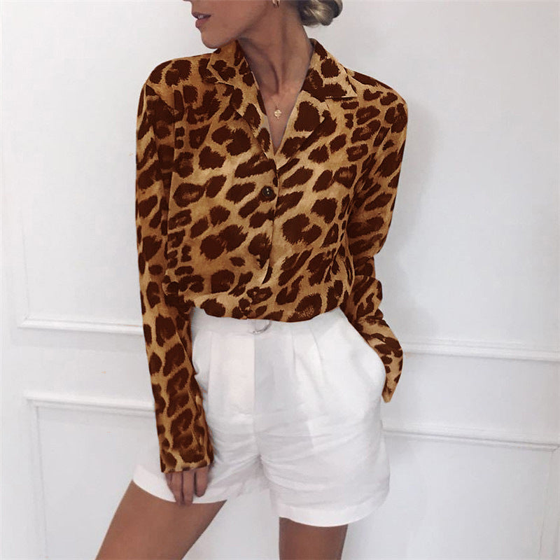 Casual Long Sleeves Leopard Print Chiffon Shirts-Shirts-Brown-S-Free Shipping at meselling99