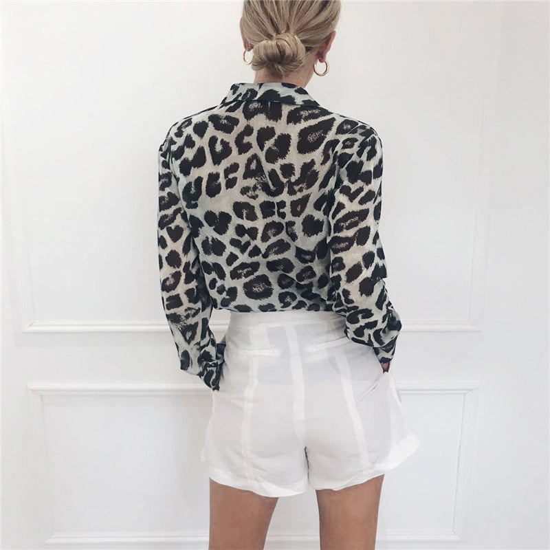 Casual Long Sleeves Leopard Print Chiffon Shirts-Shirts-Free Shipping at meselling99