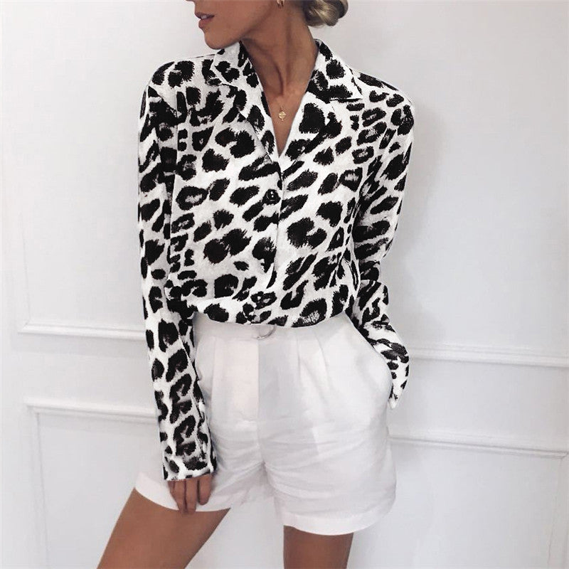 Casual Long Sleeves Leopard Print Chiffon Shirts-Shirts-White-S-Free Shipping at meselling99