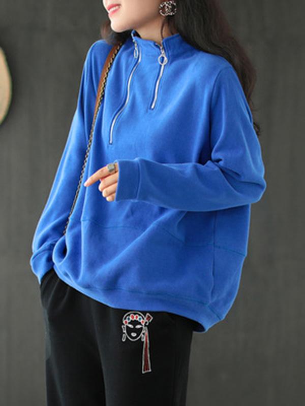 Meselling99 Personality Solid Zipper Round-Neck Sweatshirts-Sweatshirts-BLUE-FREE SIZE-Free Shipping at meselling99