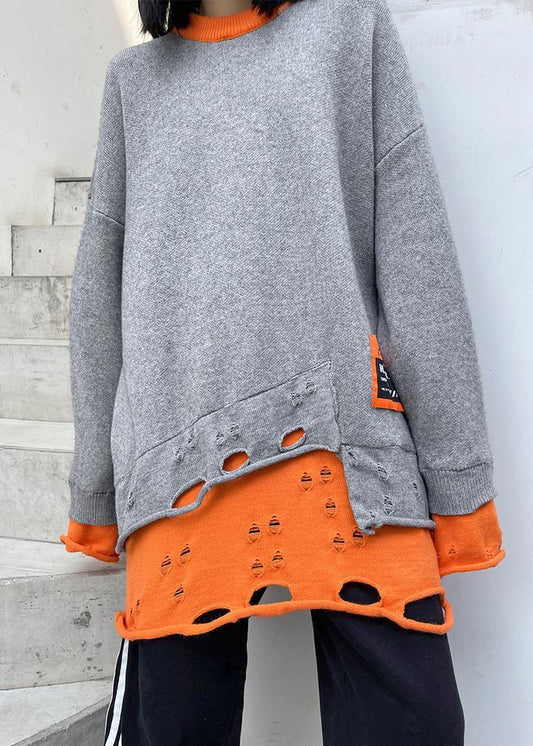 Spring Gray Sweater Tops Round Neck Hole Fashion Hoodies-Sweater tops-Free Shipping at meselling99