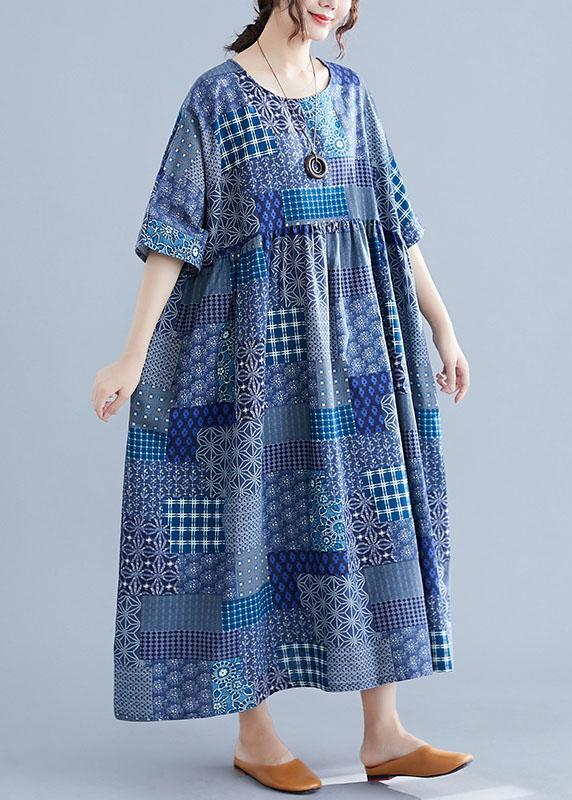 Italian navy plaid linen cotton clothes For Women o neck Cinched cotton Dress-Summer Dress Long-One Size-The Same as Picture-Free Shipping at meselling99