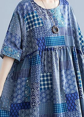 Italian navy plaid linen cotton clothes For Women o neck Cinched cotton Dress-Summer Dress Long-One Size-The Same as Picture-Free Shipping at meselling99
