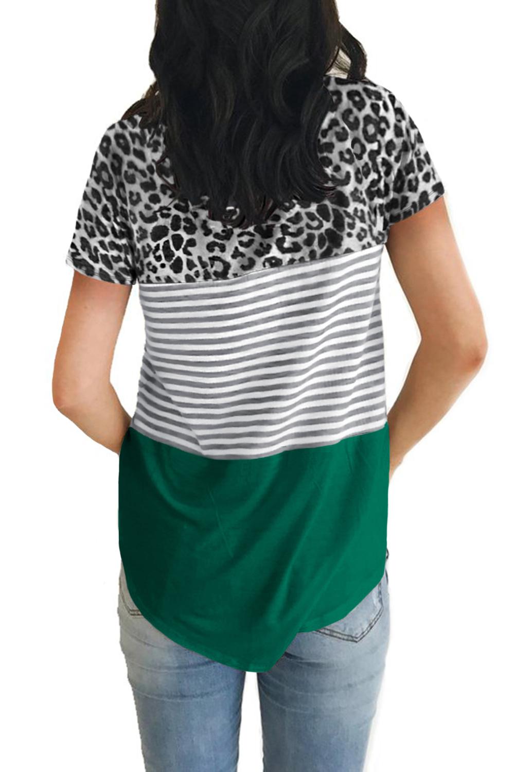Meselling99 Green Block Striped and Leopard Short Sleeve Tee--Free Shipping at meselling99