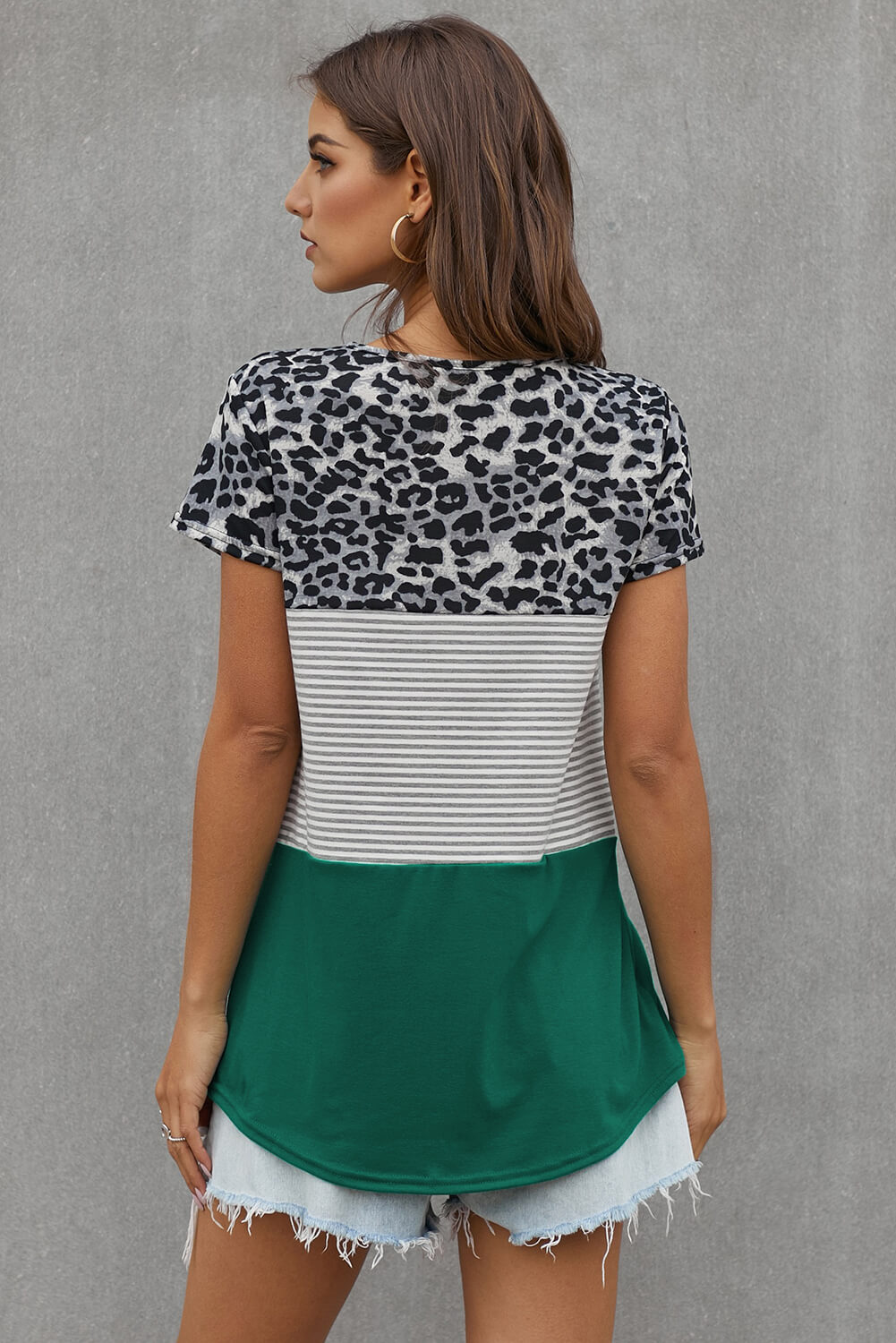 Meselling99 Green Block Striped and Leopard Short Sleeve Tee--Free Shipping at meselling99