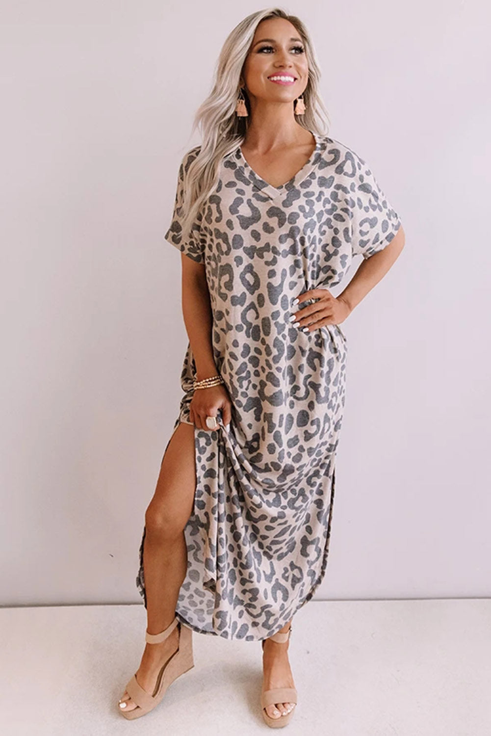 Meselling99 Casual Leopard Maxi Dress with Slits-Maxi Dresses-Free Shipping at meselling99