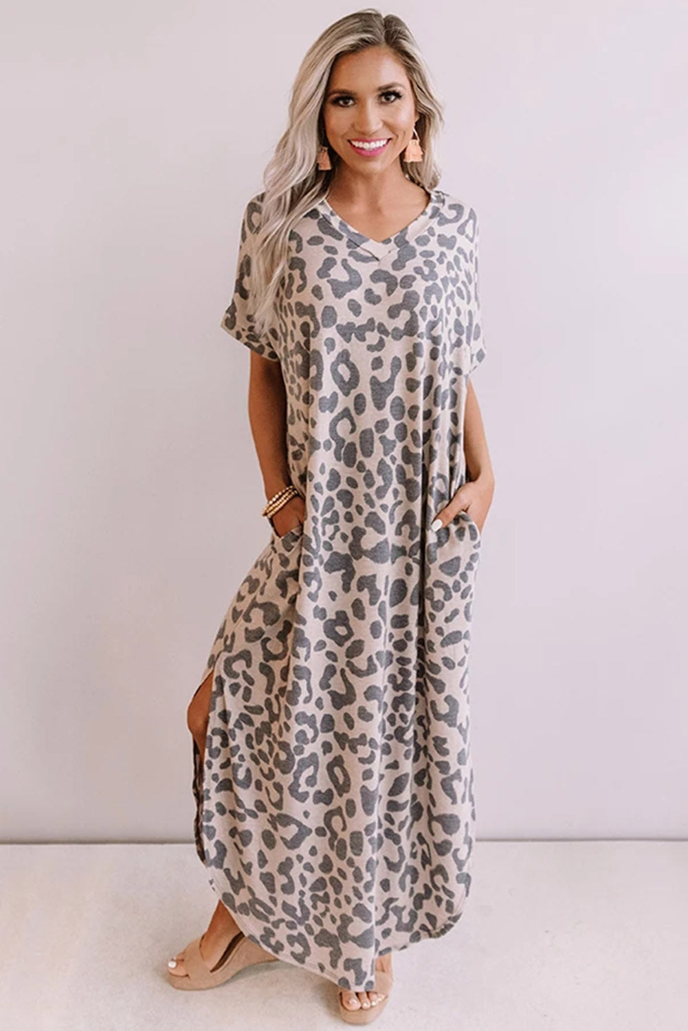 Meselling99 Casual Leopard Maxi Dress with Slits-Maxi Dresses-Free Shipping at meselling99