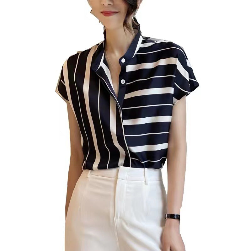 Women Chiffon Striped Stand Collar Short Sleeves T Shirts-Shirts & Tops-Free Shipping at meselling99