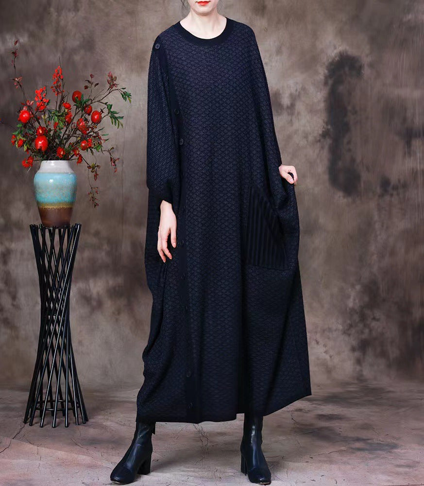 Vintage Bat Sleeves Fall Plus Sizes Woolen Knitting Dresses-Dresses-Black-One Size-Free Shipping at meselling99