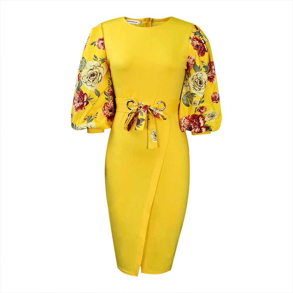 Classy Floral Print Plus Sizes Dresses for Women-Dresses-Yellow-S-Free Shipping at meselling99