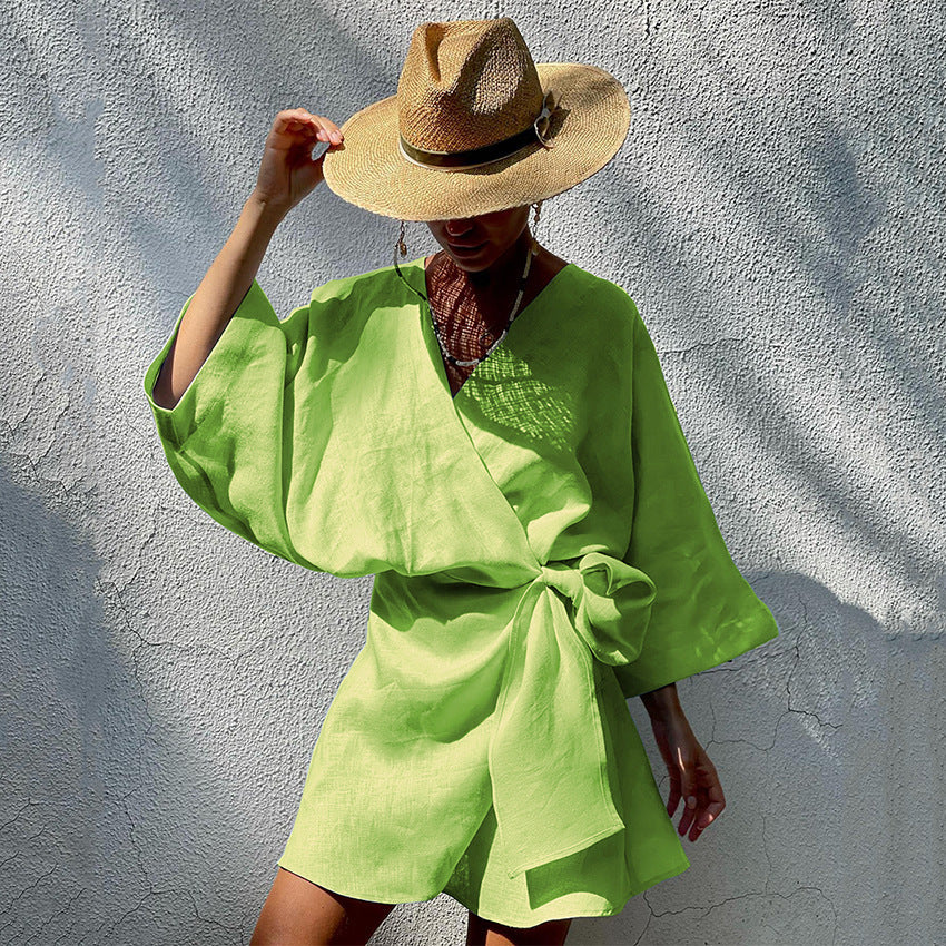 Designed Cotton Linen Irregular Mini Dresses-Dresses-Green-S-Free Shipping at meselling99