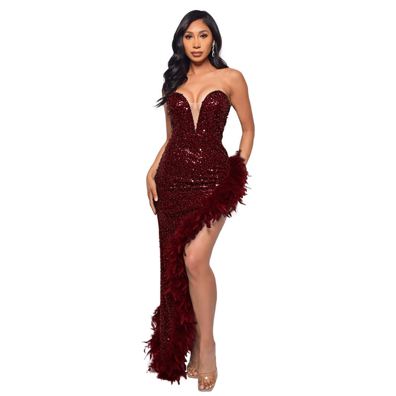 Gorgeous Strapless Sequined Feather Decoration Party Dresses-Dresses-Wine Red-S-Free Shipping at meselling99