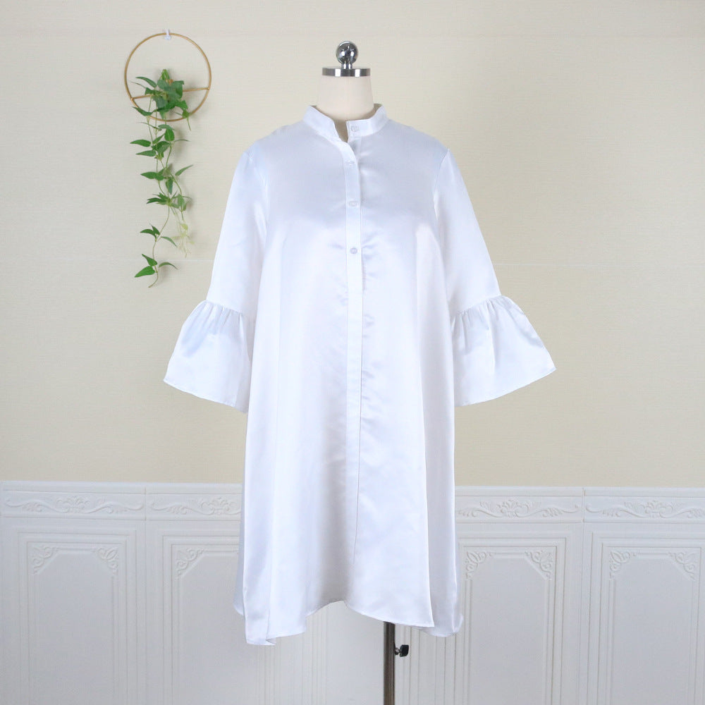Women Stand Collar Plus Sizes Shirts Dresses-Dresses-White-S-Free Shipping at meselling99