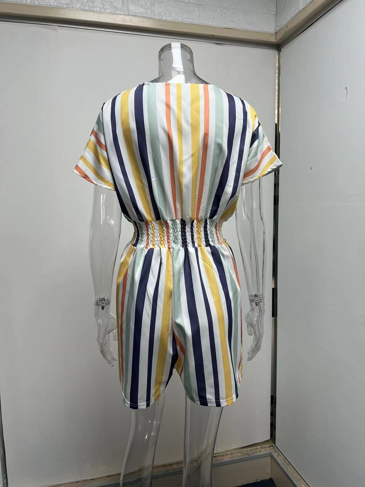 Summer Casual Striped Elastic Waist Romper Jumpsuits-Suits-Free Shipping at meselling99
