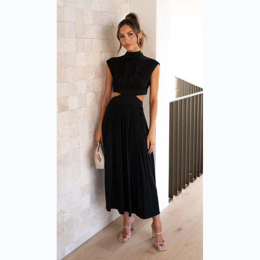 Fashion Stand Collar Waist Baring Summer Long Dresses-Dresses-Black-S-Free Shipping at meselling99