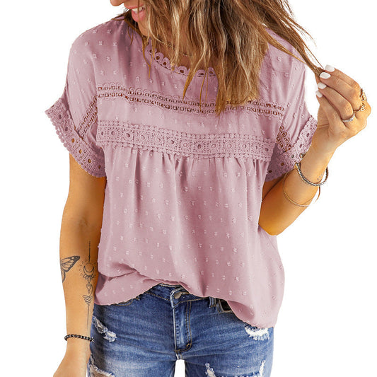 Summer Lace Chiffon Short Sleeves Shirts-Shirts & Tops-Pink-S-Free Shipping at meselling99