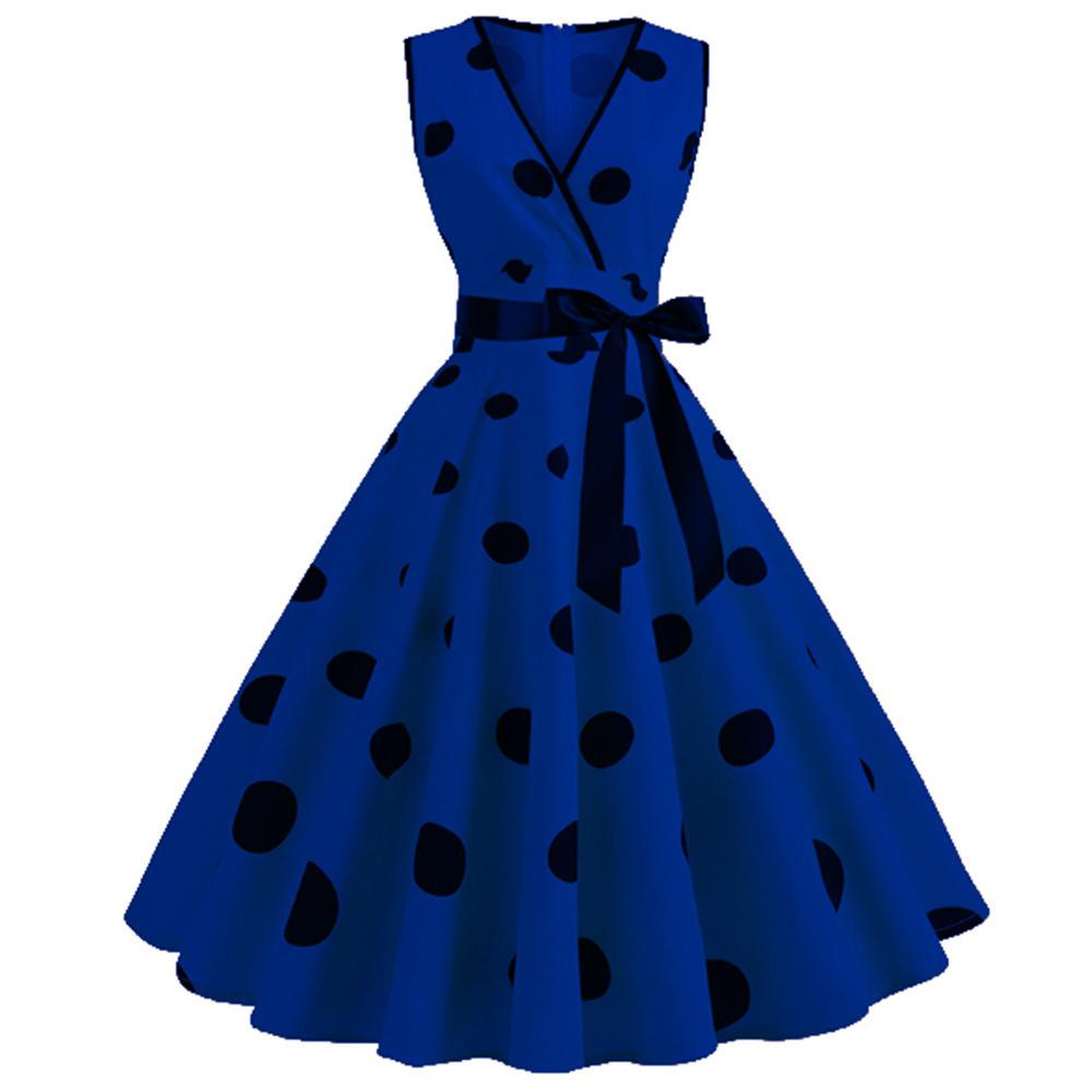 Casaul Sleeveless Dot Print Vintage Dresses-Dresses-Blue-S-Free Shipping at meselling99