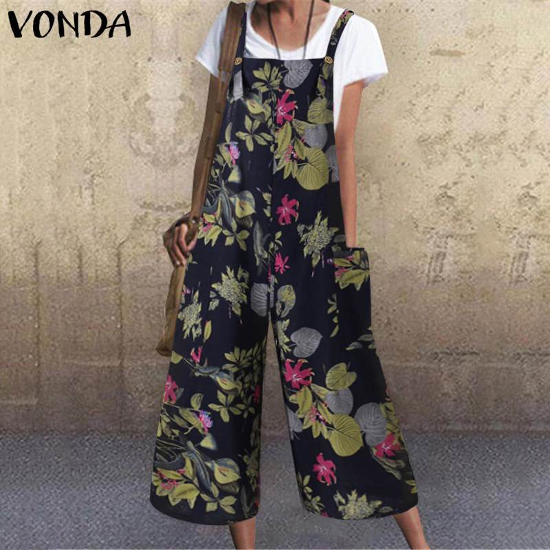 Leisure Summer Linen Plus Sizes Jumpsuits-Blue Flower-S-Free Shipping at meselling99