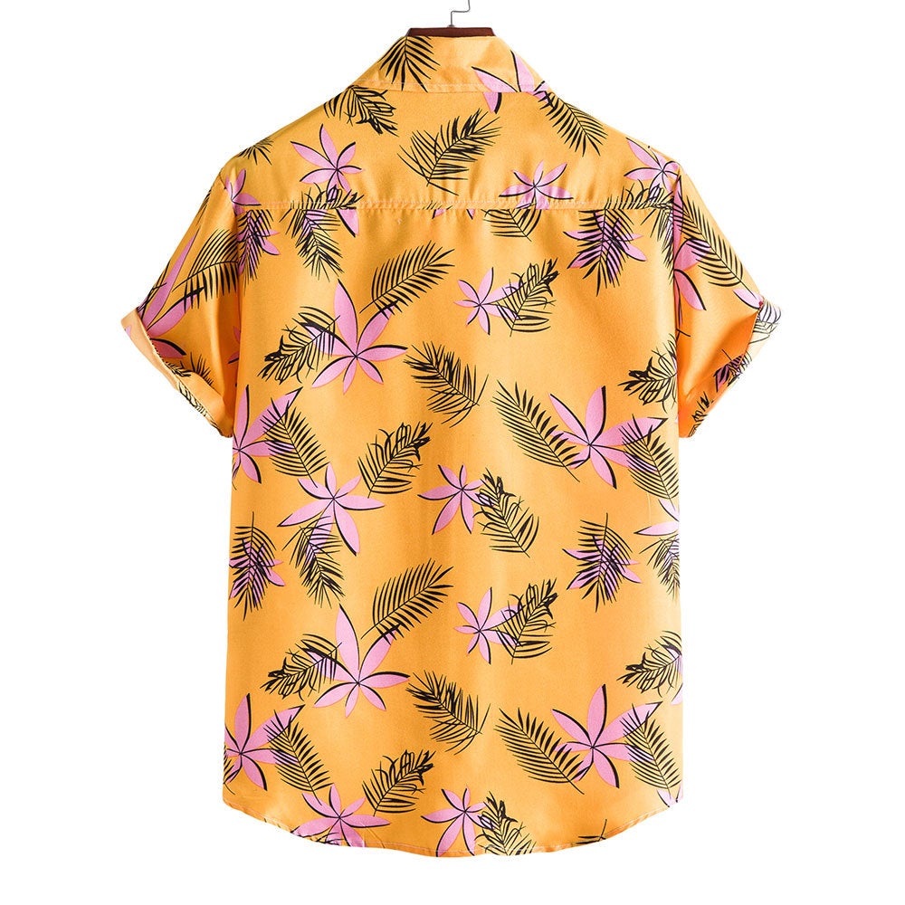 Yellow Floral Print Men's Short Sleeves Shirts-Shirts & Tops-Free Shipping at meselling99