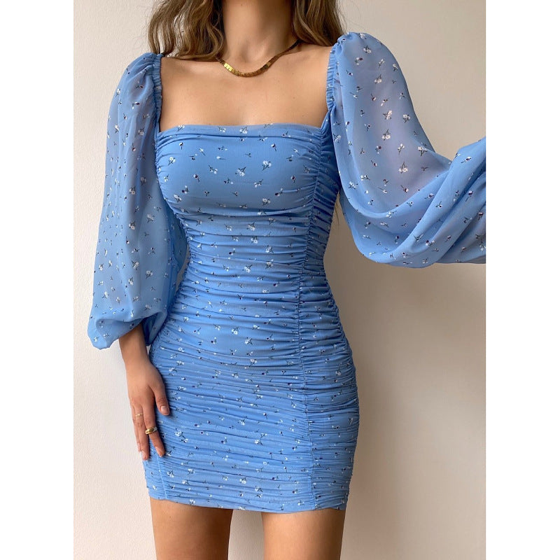 Sexy Square Neckline Long Sleeves Bodycon Mini Dresses-Dresses-Blue-S-Free Shipping at meselling99