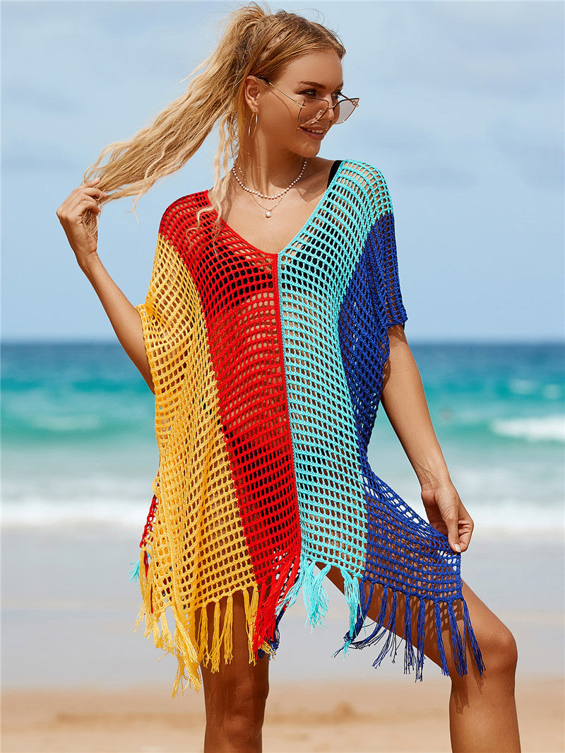 Colorful Knitting Crochet Tassels Swimwear Cover Ups for Women-L-One Size-Free Shipping at meselling99