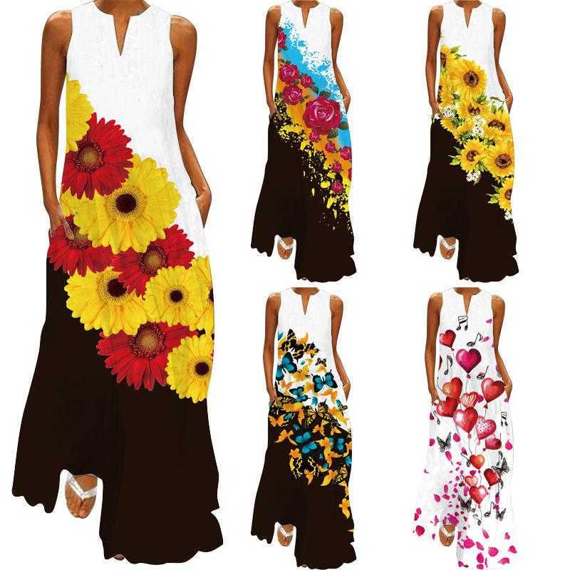 Women Vinage Floral Print V-neck Summer Long Maxi Dresses 1400-Maxi Dresses-Free Shipping at meselling99