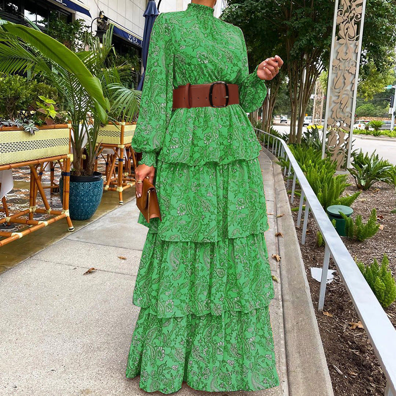 Elegant High Neck Ruffled Women Long Dresses-Dresses-Green-S-Free Shipping at meselling99