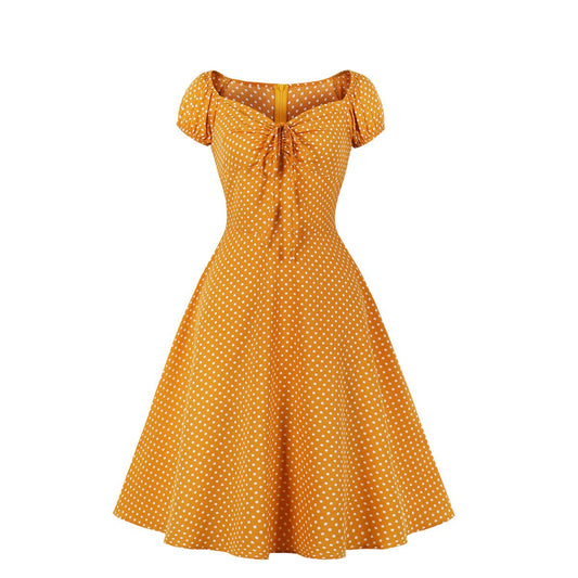Women Short Sleeves Dot Print Vintage Dresses-Vintage Dresses-Yellow-S-Free Shipping at meselling99
