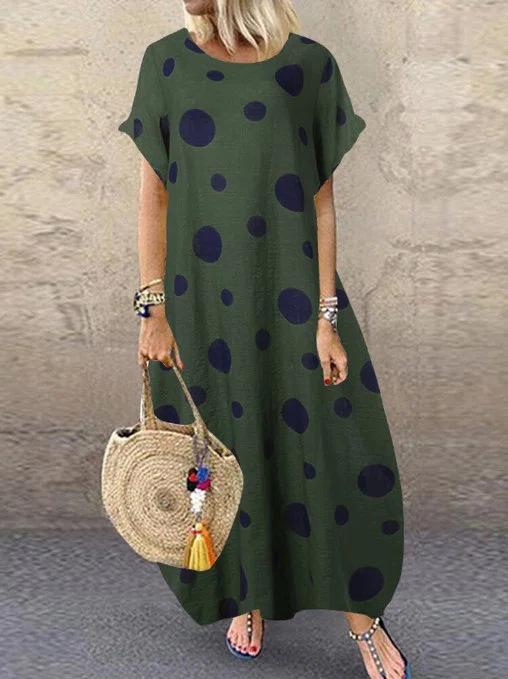 Short Sleeves Bohemian Loose Long Dress-Maxi Dresses-Green-M-Free Shipping at meselling99