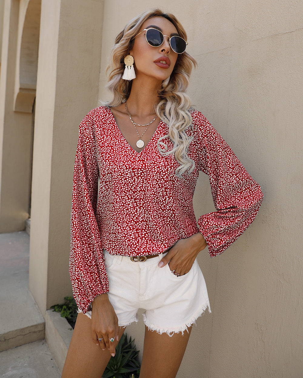 Women Small Floral V Neck Summer Top Blouses-Red-S-Free Shipping at meselling99