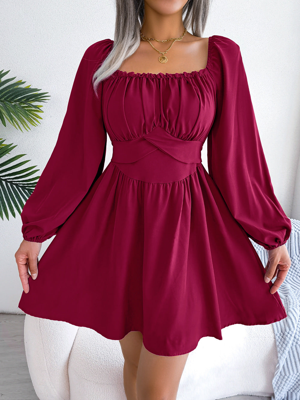 Casual Long Sleeves Short Daily Dresses-Dresses-Wine Red-S-Free Shipping at meselling99