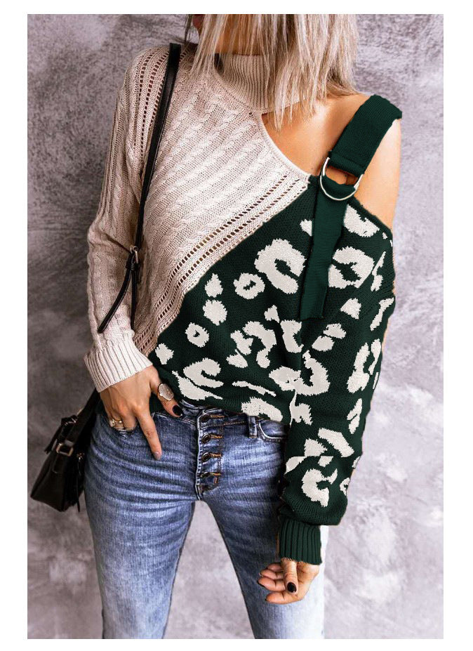 New Leopard High Neck Women Fall Sweaters-Women Sweaters-Green-S-Free Shipping at meselling99