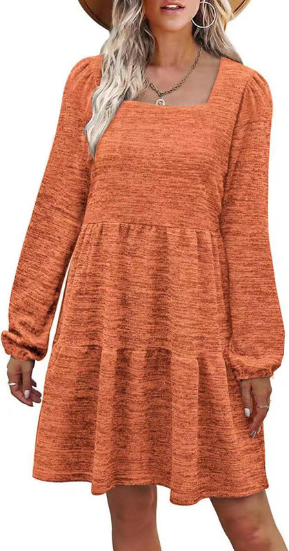 Fashion Square Neckline Fall Mini Dresses-Dresses-Orange-S-Free Shipping at meselling99