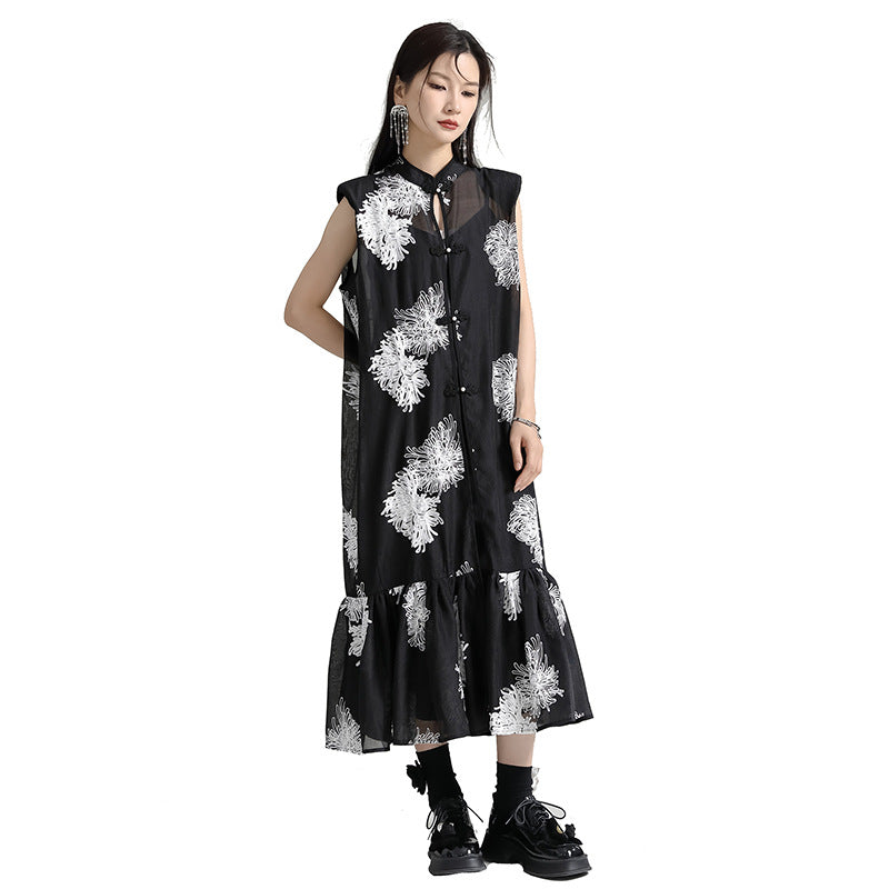 Vintage Embroidery Sleeveless Long Black Dresses with Belt-Dresses-Cardigan+Dress+Belt-One Size-Free Shipping at meselling99