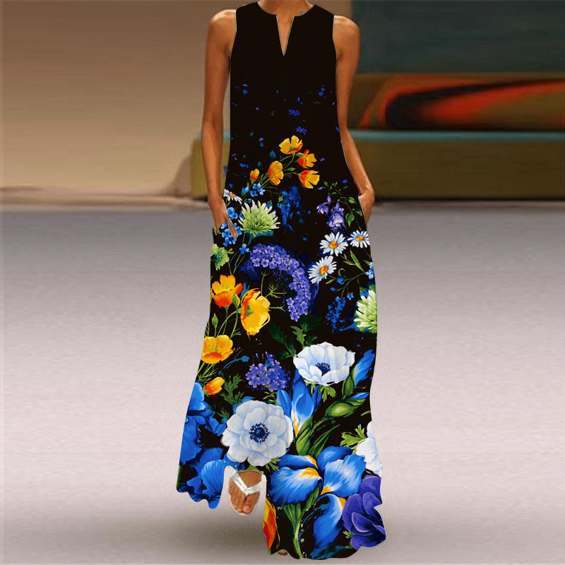 Women Summer Face Print Sleeveless Long Dresses-Boho Dresses-VLCQ-150-S-Free Shipping at meselling99