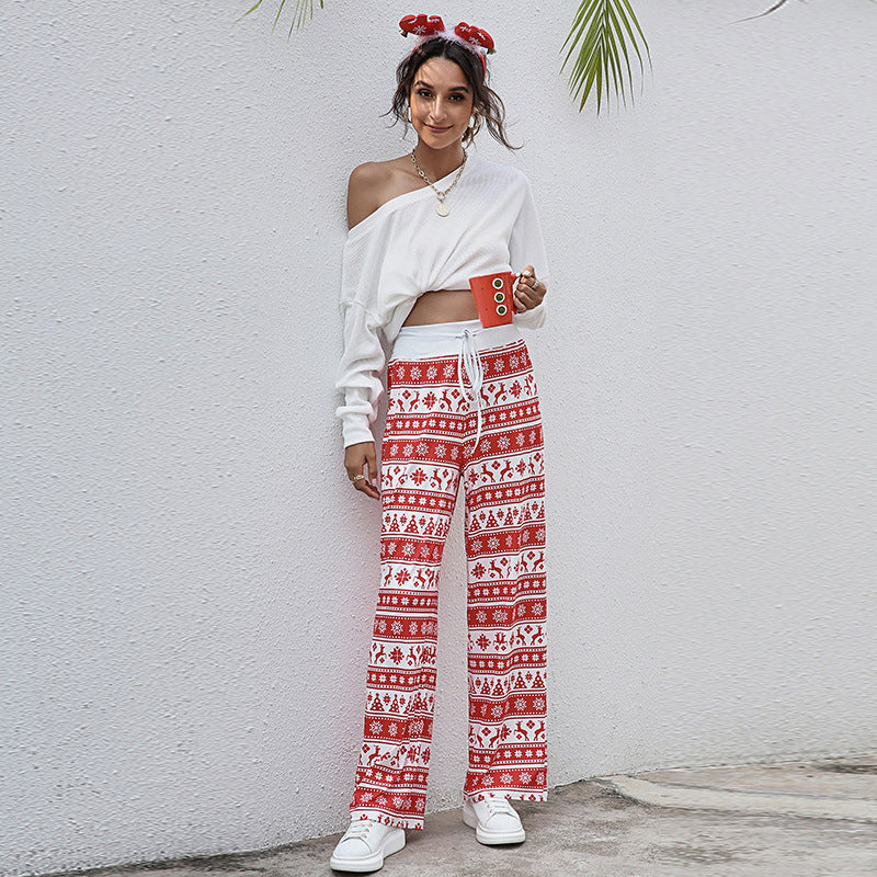 Casual Merry Christmas Wide Legs Pants for Women-Pants-Red Deer-S-Free Shipping at meselling99