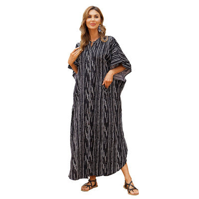 Women Summer Beach Long Dresses-Boho Dresses-Black Striped-One Size-Free Shipping at meselling99
