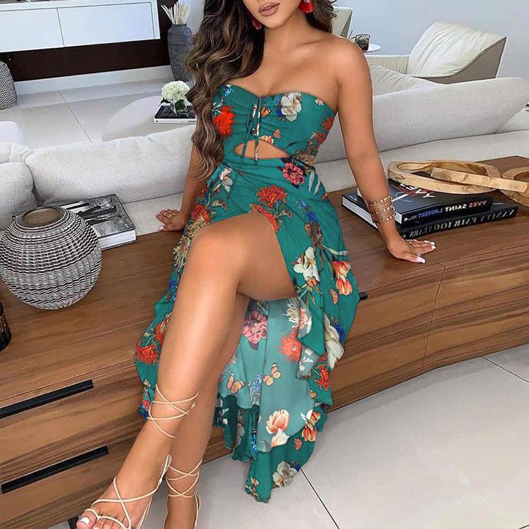 Meselling99 Women Irregular Scalloped Floral Print Dresses-Sexy Dresses-Green-S-Free Shipping at meselling99