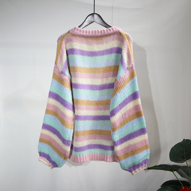 Colorful Striped Women Knitted Cardigan Outerwear-Shirts & Tops-Pink-One Size-Free Shipping at meselling99