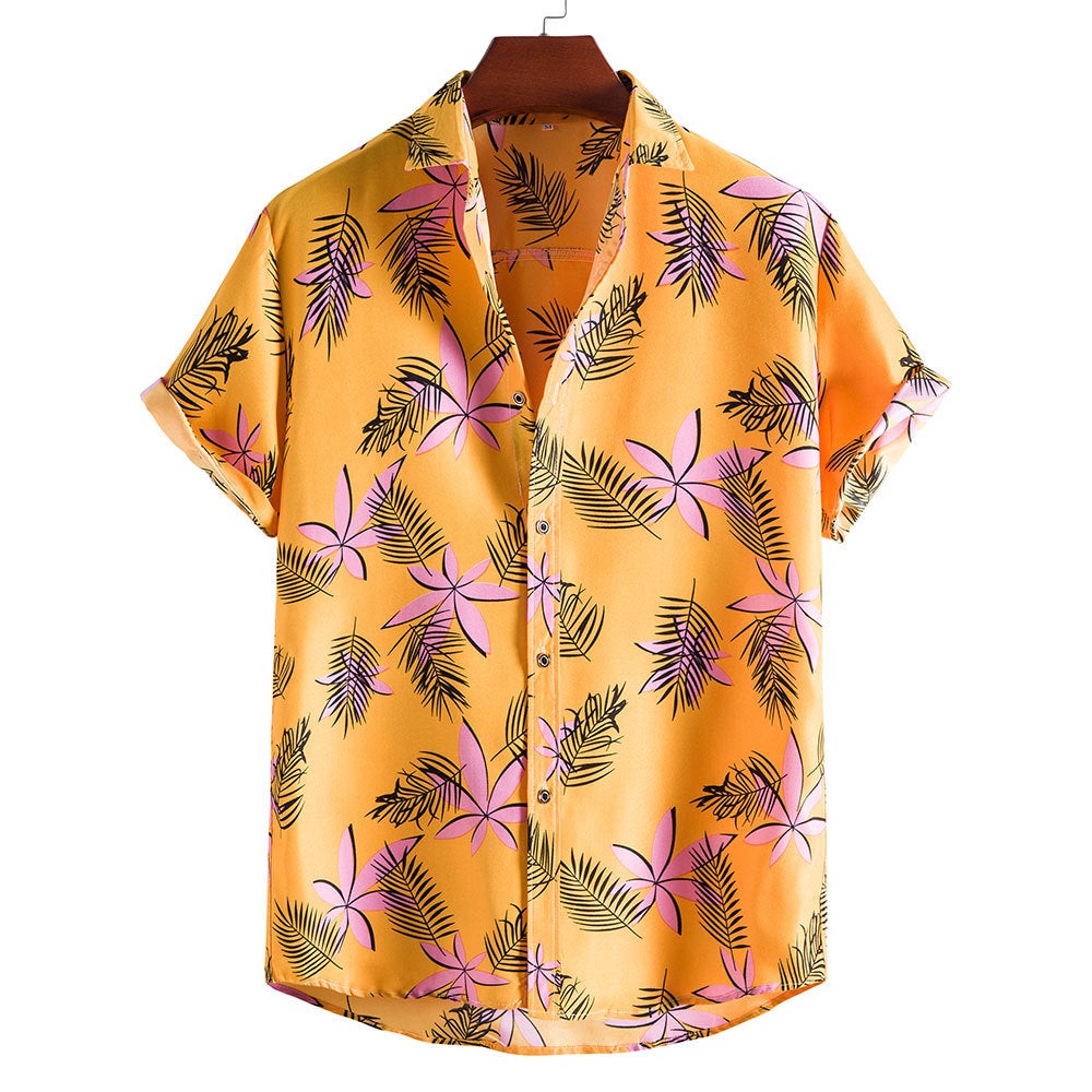 Yellow Floral Print Men's Short Sleeves Shirts-Shirts & Tops-DC95-S-Free Shipping at meselling99