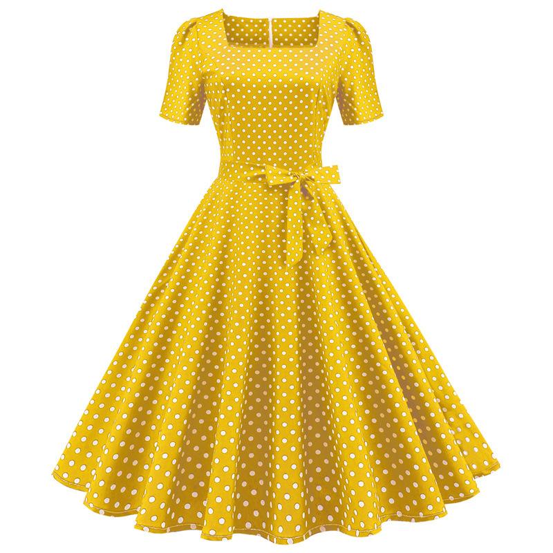 Short Sleeve Square Neckline Vintage Print Dot Dresses-Vintage Dresses-2-S-Free Shipping at meselling99