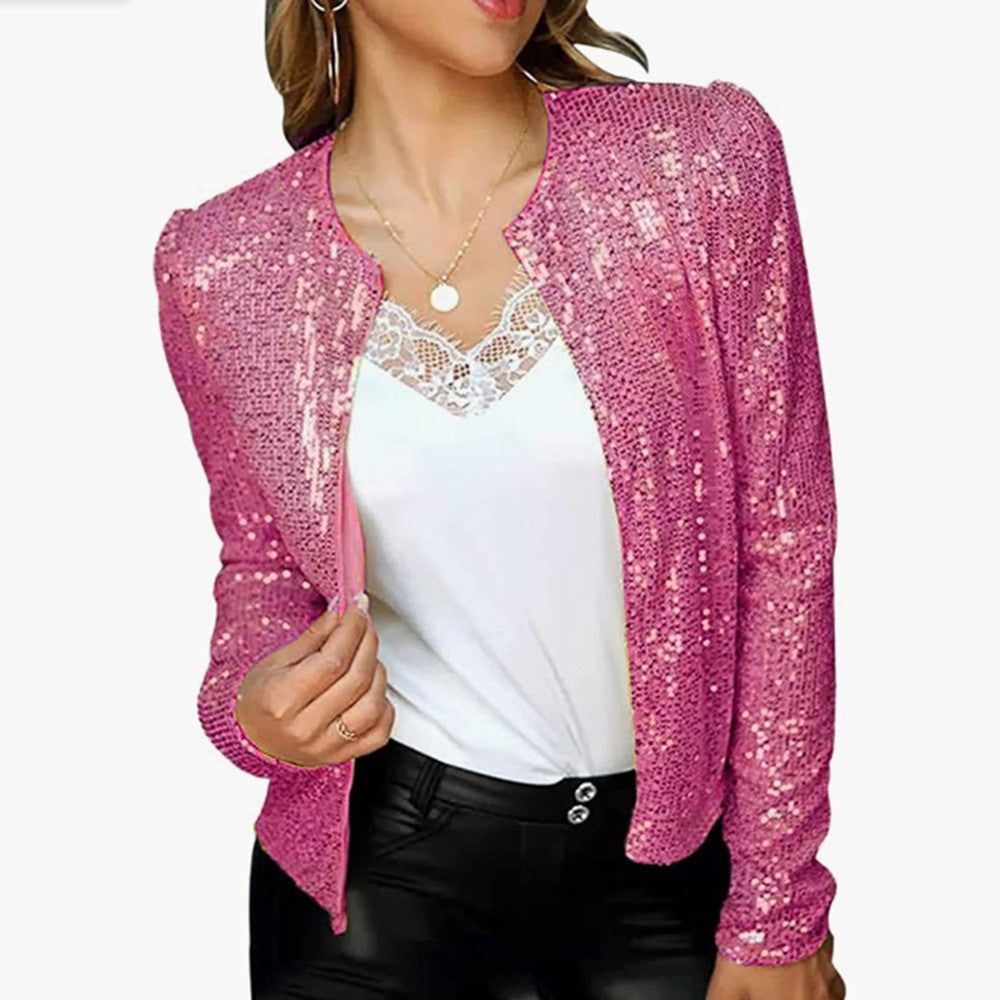 Fashion Stand Collar Sequined Short Coats for Women-Coats & Jackets-Rose Red-S-Free Shipping at meselling99