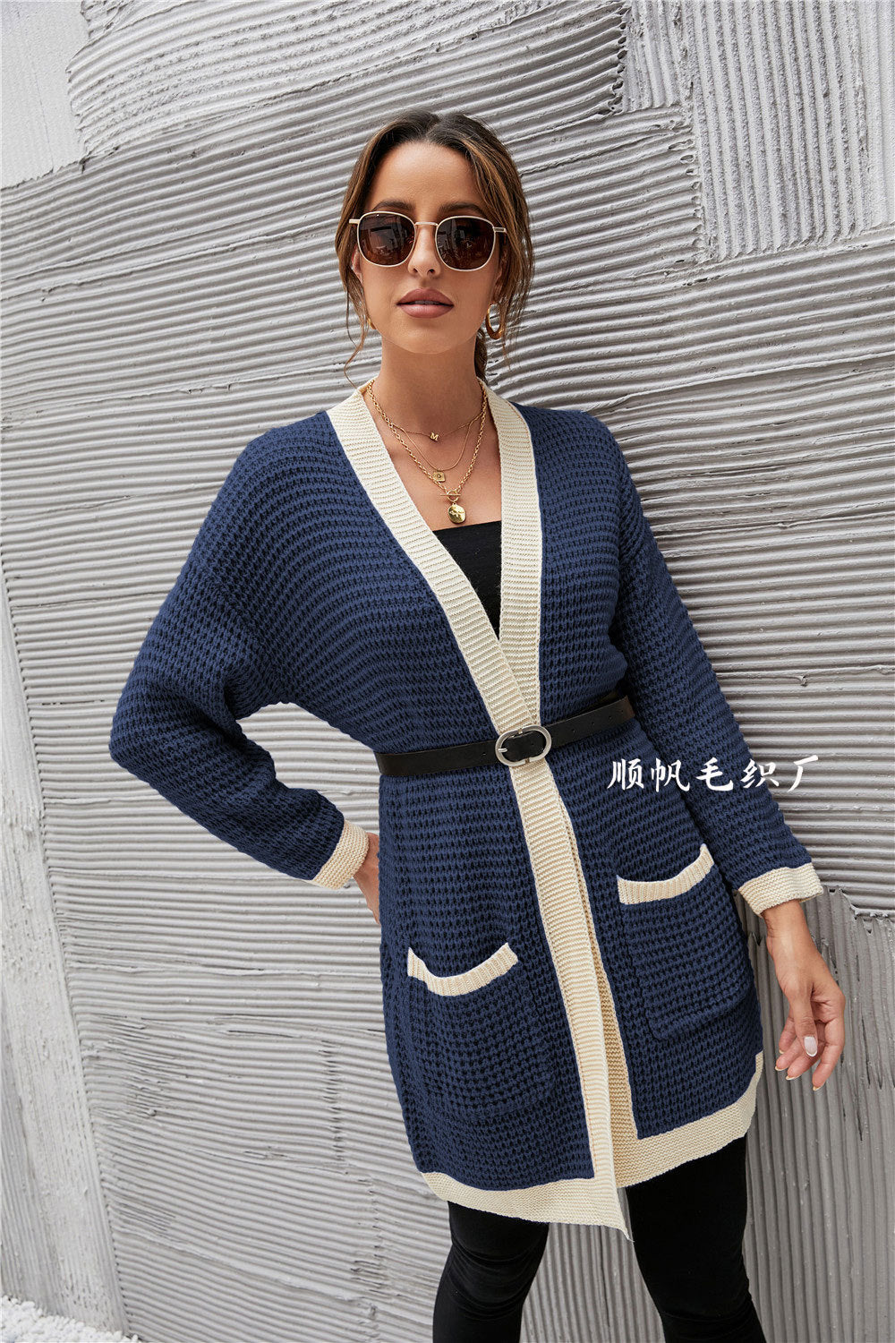 Casual Knitted Long Sleeves Women Overcoat-Shirts & Tops-Navy Blue-S-Free Shipping at meselling99