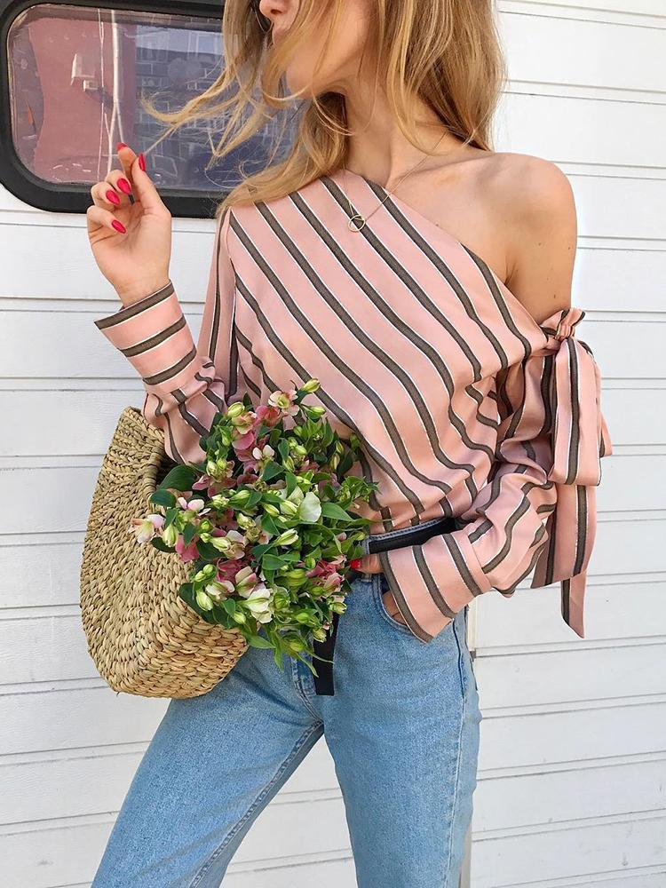 Long Sleeves One Shoulder Striped Shirts-Pink-S-Free Shipping at meselling99