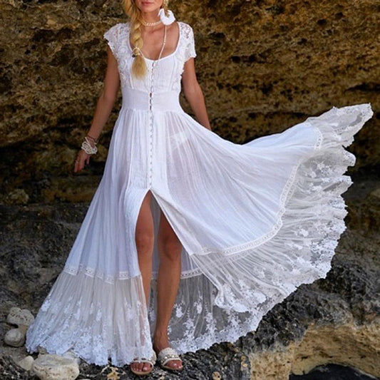 White Summer Short Sleeves Lace Long Dresses-Maxi Dresses-White-S-Free Shipping at meselling99