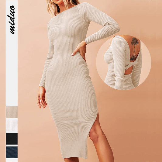 Sexy Double Side Long Sleeves Tight Knitted Dresses-Dresses-Free Shipping at meselling99