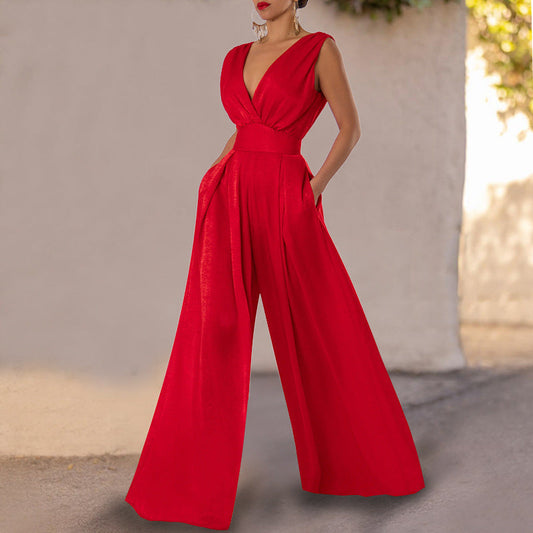 Summer Red Wide Straight Legs Jumpsuits for Women-Jumpsuits-Free Shipping at meselling99