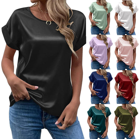 Simple Design Satin Women Short Sleeves Blouses-Shirts & Tops-Free Shipping at meselling99