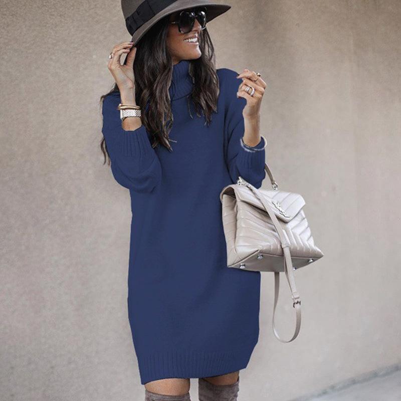 Fashion Turtleneck Knitting Long Sweaters-Mini Dresses-Blue-S-Free Shipping at meselling99